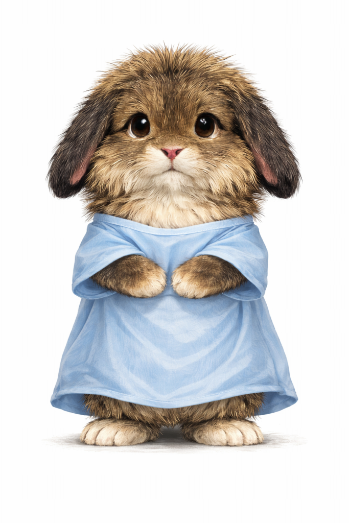 A cute, fluffy bunny wearing a light blue shirt, standing upright with its paws clasped together, looking adorably at the viewer.