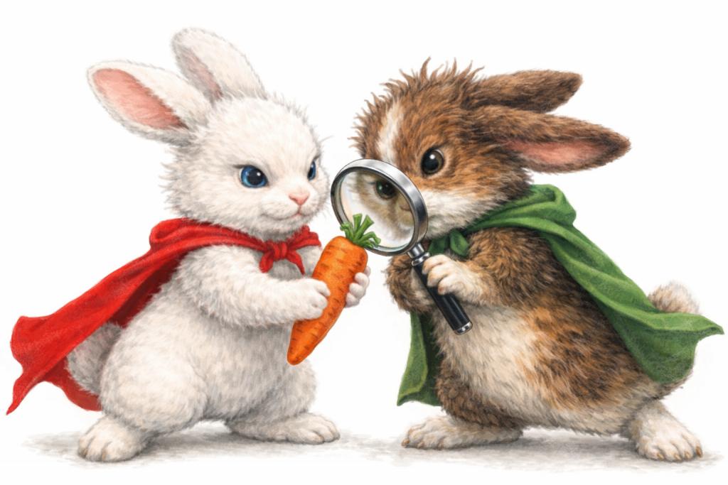Two cartoon rabbits in colorful capes, one white with a red cape holding a carrot, and one brown with a green cape using a magnifying glass to inspect the carrot.