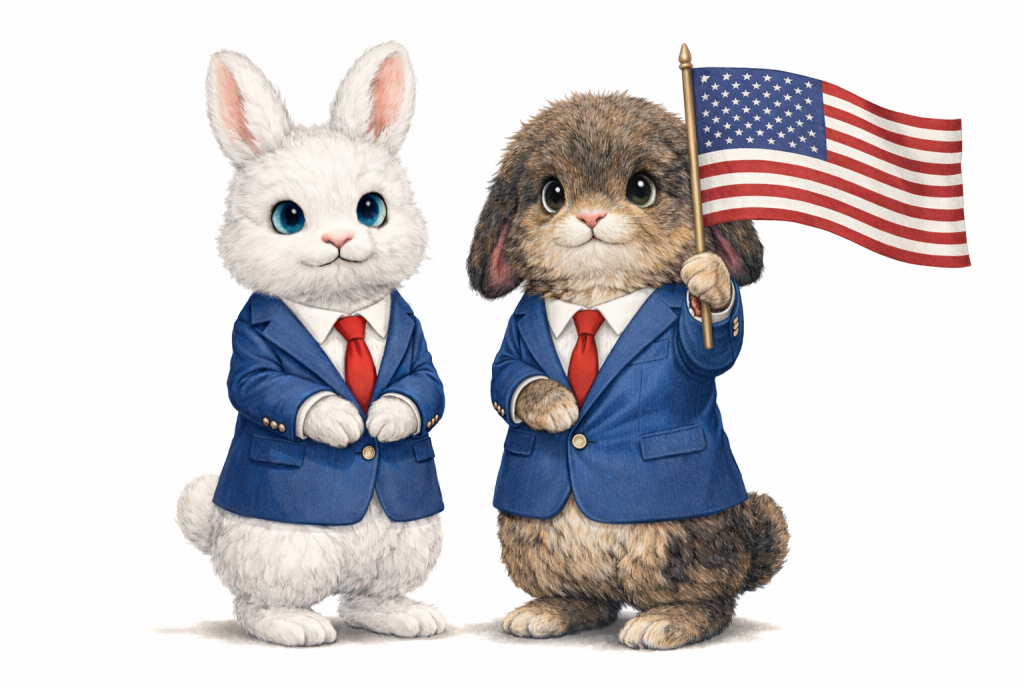 Two cartoon rabbits dressed in suits, one holding an American flag, set against a white background.