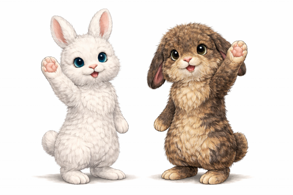 Two cute cartoon bunnies waving, one white with blue eyes and one brown with fluffy fur.
