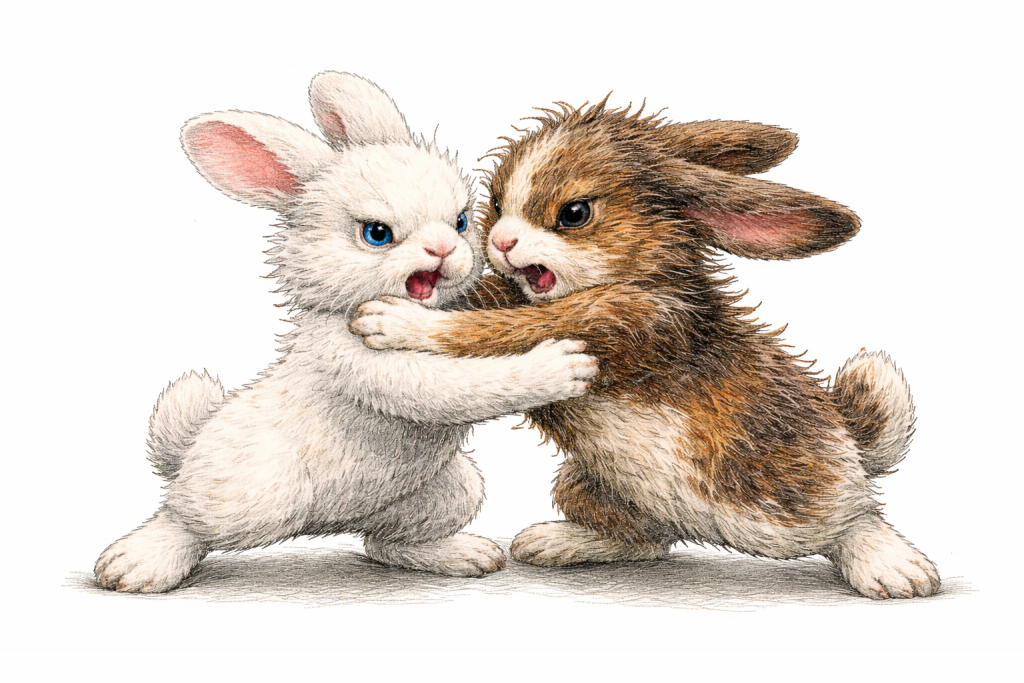 Two animated rabbits, one white and one brown, are playfully arguing or fighting, displaying expressive facial features.