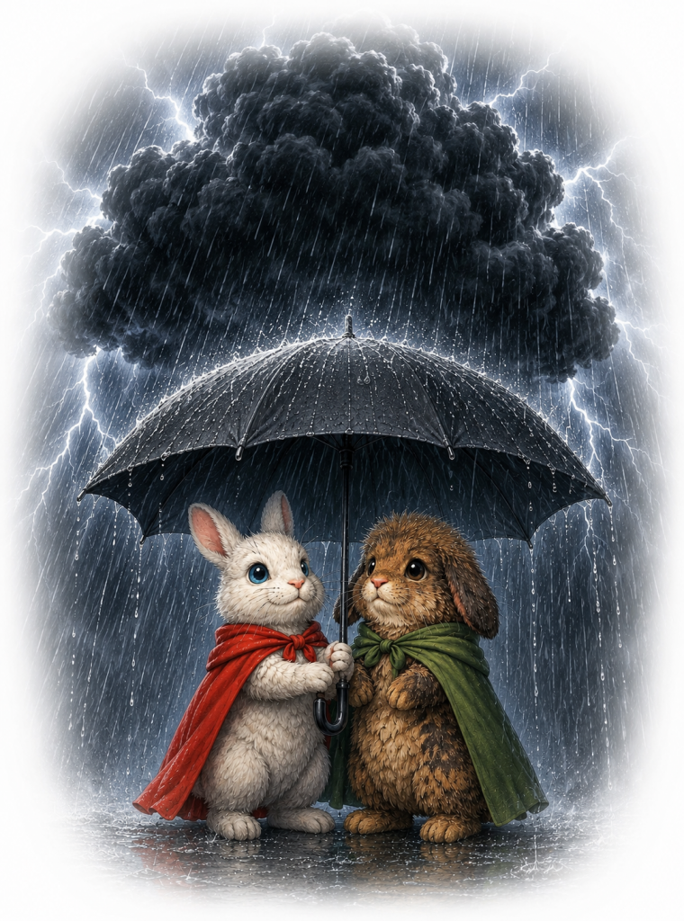 Two cute rabbits, one white and one brown, share an umbrella in the rain, both wearing colorful capes, against a backdrop of dark storm clouds and lightning.