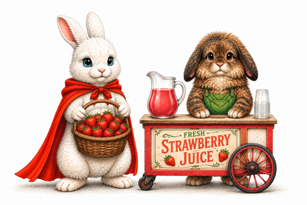 A white rabbit in a red cape holds a basket of strawberries, standing next to a wooden cart with a pitcher of strawberry juice and a sign that reads 'Fresh Strawberry Juice'. A brown rabbit wearing green overalls is behind the cart.