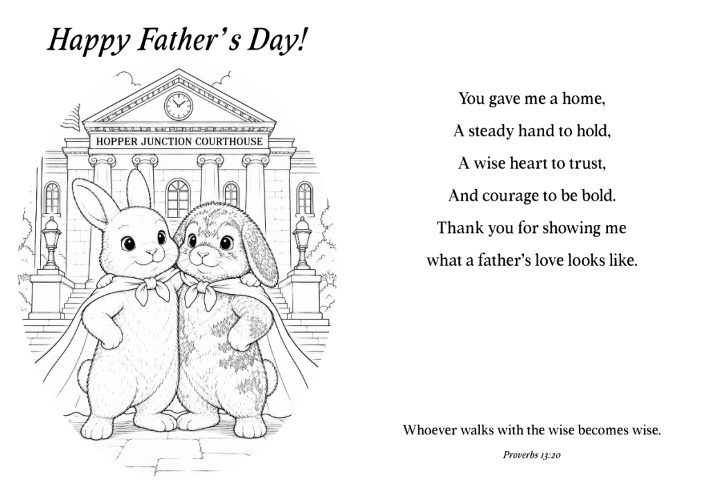 A greeting card for Father's Day featuring two cartoon rabbits wearing capes in front of a courthouse, with a heartfelt poem on the right side.