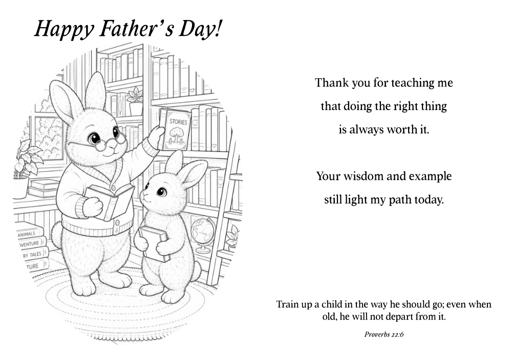 An illustration depicting a father rabbit and a young rabbit in a library, surrounded by books. The text above reads 'Happy Father's Day!' with a message of gratitude for guidance and wisdom.