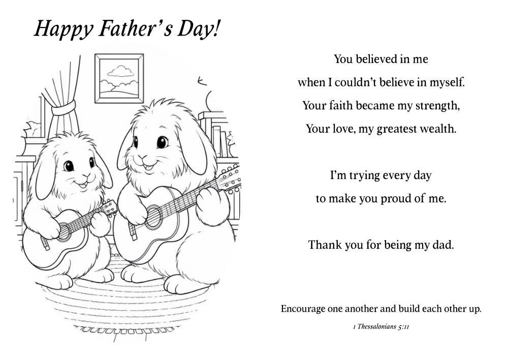 Illustration of two cartoon rabbits playing guitars with a cozy room background, accompanied by a Father's Day message and heartfelt poem.
