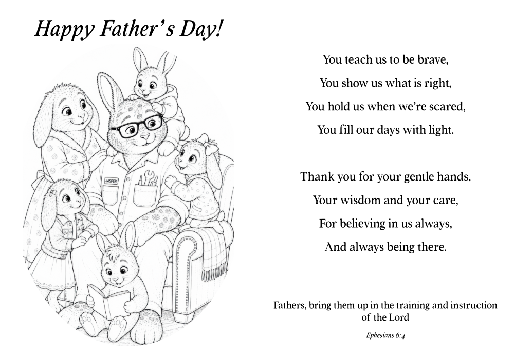 Illustration of a father rabbit surrounded by family rabbits, celebrating Father's Day with heartfelt messages and a poem expressing gratitude for fatherhood.