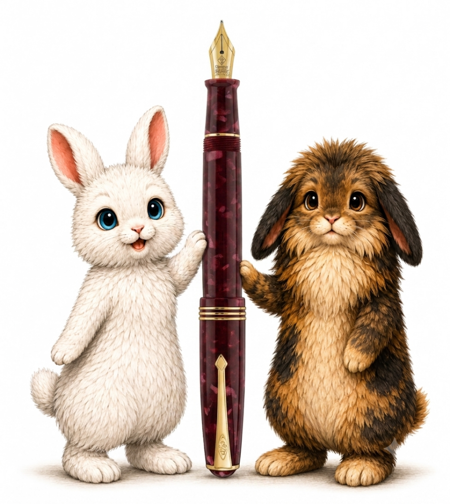 A cute white rabbit and a fluffy brown rabbit stand next to a large fountain pen, both looking cheerful.